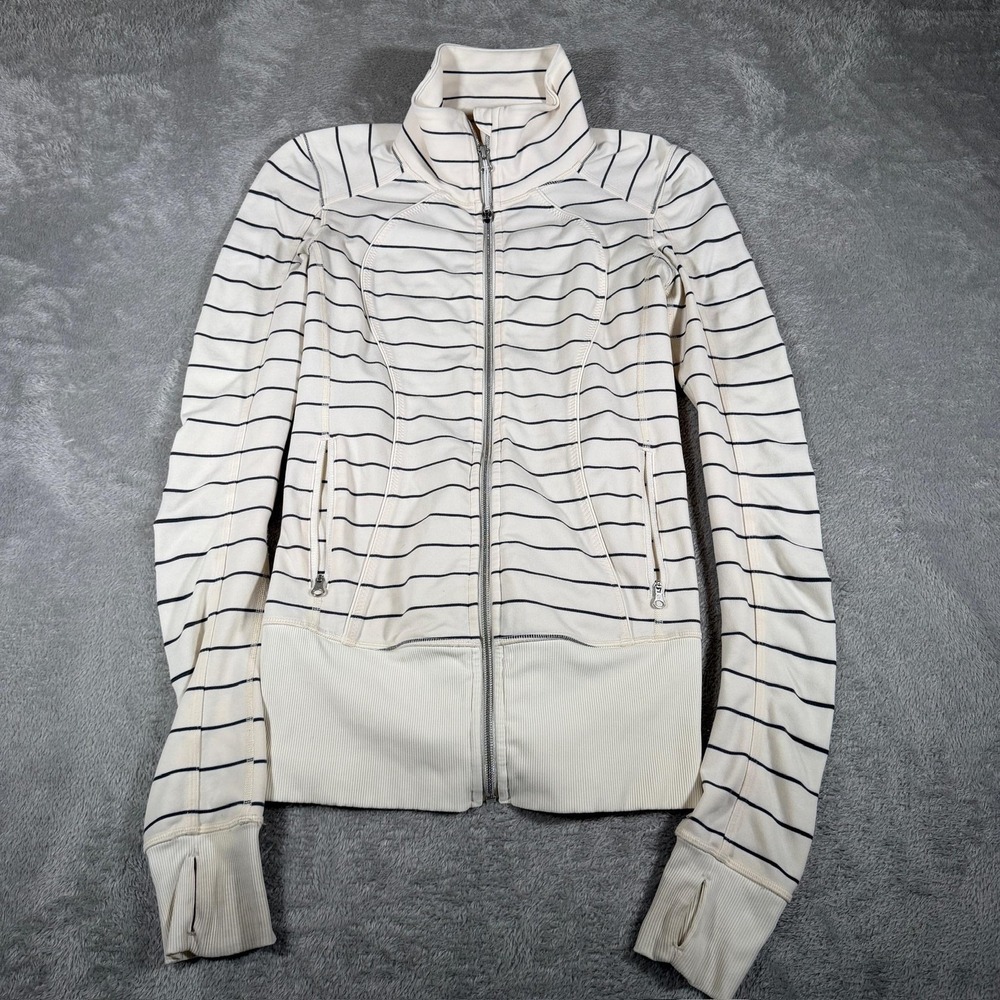 Lululemon Nice Asana Jacket Womens 4 White Stripe Full Zip Mid Layer Luon Relax